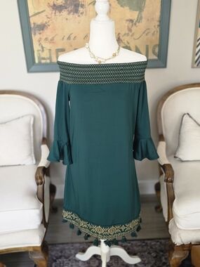 Off-the-Shoulder Teal Midi Dress with Embroidered Hem